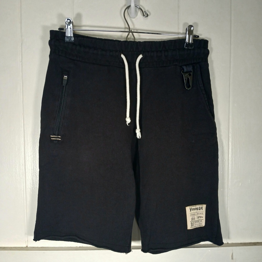 YoungLA D-Ring Sweat Shorts Mens Medium Black Raw Hem Zipper Pocket Gym Fitness